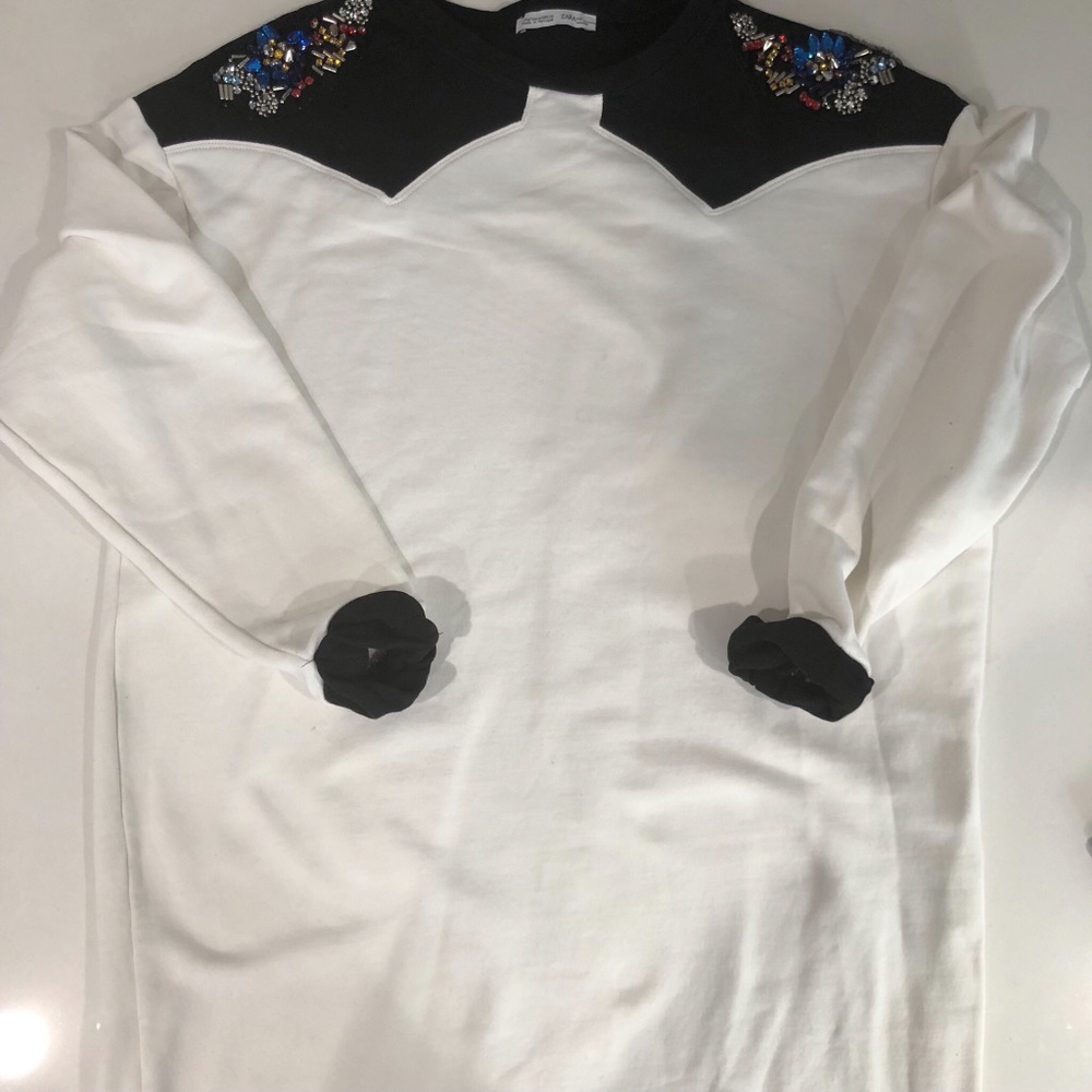 Zara White Long Sleeve Embellished Sweater Dress